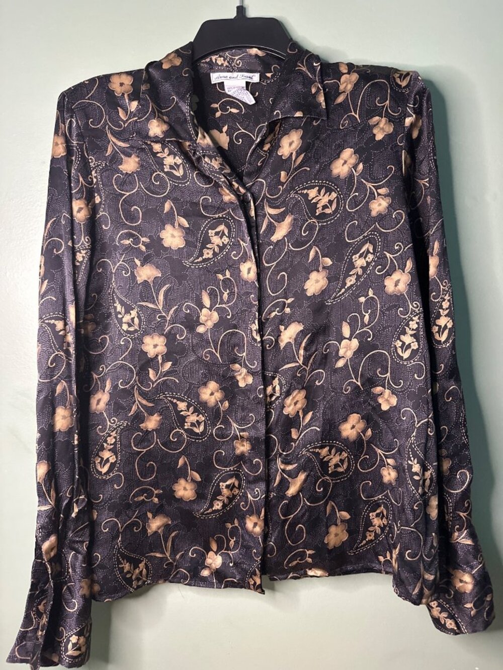 Anna & Frank Women's Medium Silk Blouse Black Gold Floral Long Sleeve Old Money